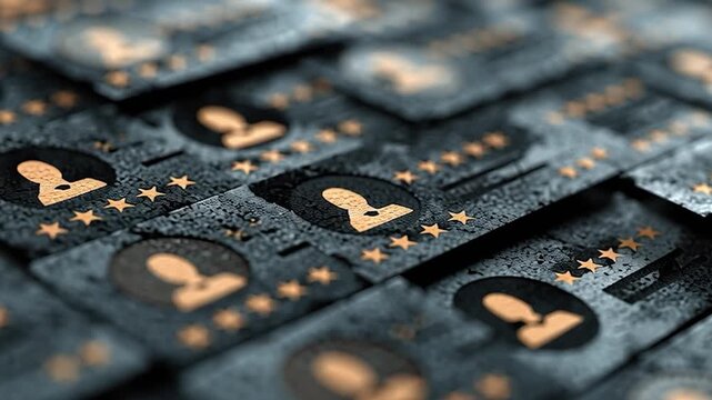 An array of creatively designed credit cards features textured surfaces and golden elements, beautifully arranged to captivate viewers at a stylish event in a contemporary setting