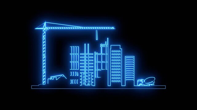 Urban construction innovative skyscrapers currently under development and planning. Tower crane on residential building construction. Construction site. Modern townhome building. Neon glowing.
