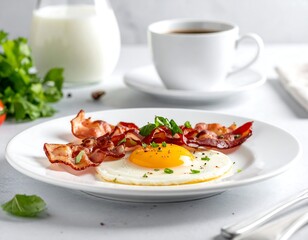 Plated breakfast features fried egg, bacon, coffee, and milk
