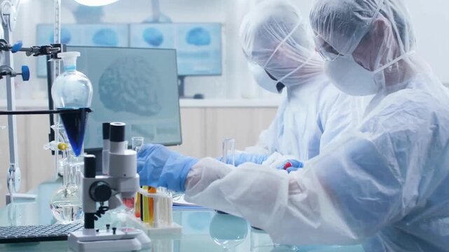 Scientists Conducting Chemical Experiments with Liquid Samples