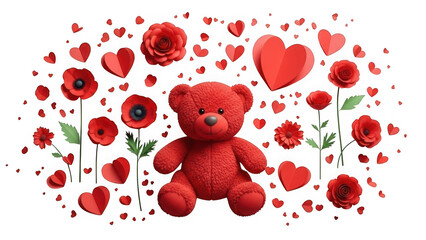 Red teddy bear surrounded by hearts and flowers