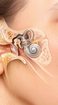 Ear anatomy diagram medical illustration showing human outer ear inner ear canal eardrum cochlea bone structure detail cross section for health education and healthcare design