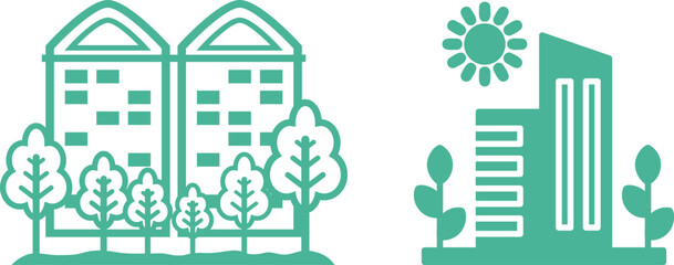 Fototapeta premium Green city icons set. Includes eco-friendly buildings, renewable energy, sustainable transport, green spaces, and clean environment concepts. Editable stroke. Line icons. Perfect for environmental.