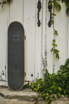 patineta puesta en una puerta antigua con arbustos