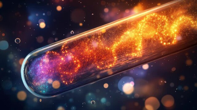 Neon science test tube glowing dna abstract biotechnology laboratory experiment fantasy magic potion chemistry energy particle sparkle colorful art