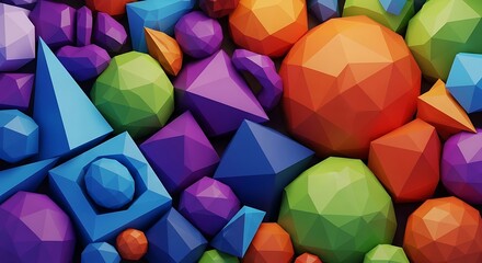 An vibrant and playful collection of various colorful low-poly geometric shapes, including spheres, pyramids, and cubes, creating an engaging abstract background texture.