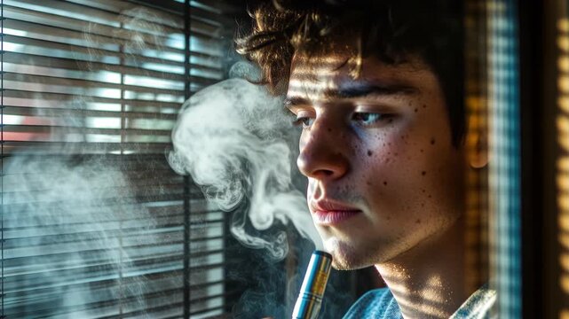 Pensive young man vaping electronic cigarette indoor moody light smoke contemplation window light moody atmosphere vapor smoke window blind backlight