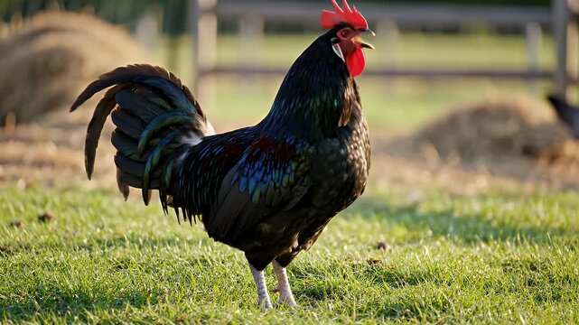 Majestic black rooster struts across green pasture against hay bales backdrop farmyard