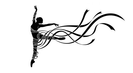 Ballerina silhouette gracefully dancing amidst flowing ribbons, an elegant and abstract black and white vector illustration depicting movement and artistic expression.