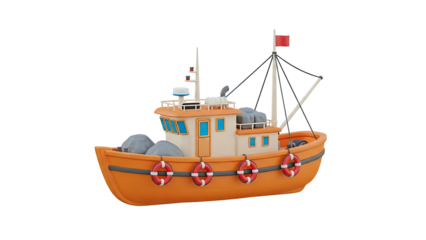 Cartoon fishing boat with life preservers and cargo