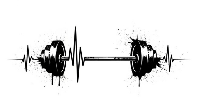 Barbell heartbeat graphic seamlessly combining fitness and vitality with a gritty, splashy black and white vector design, perfect for gym and active lifestyle themes.