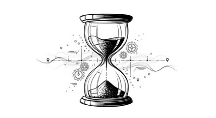 Hourglass in a conceptual black and white line art illustration, surrounded by gears, data streams, and timeline elements, symbolizing the flow of time, process, and technological development.
