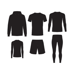 Black silhouette collection of athletic wear including shirts shorts and leggings