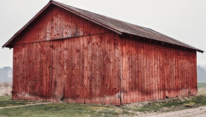 Old abandoned, red barn. Fading paint, dirty walls.