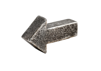 Textured, metallic arrow pointing left, isolated on black, with rough surface