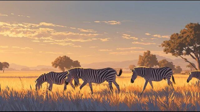 Zebras grazing in open field at sunset