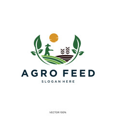 Sustainable Agriculture Agro Feed Brand Logo with Farmer and Crops