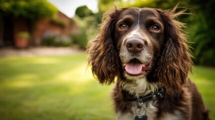 Obraz premium Happy Brown Springer Spaniel Dog Posing on Green Grass in Bright Spring Day with Joyful Expression