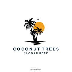 Tropical Sunset Coconut Trees Silhouette Logo