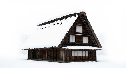 Traditional Japanese house in deep winter snow bathed in soft diffused daylight a pristine snowy landscape. AI Generated
