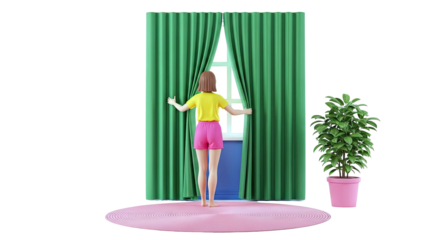 Woman opening green curtains to reveal window view