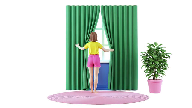 Woman opening green curtains to reveal window view