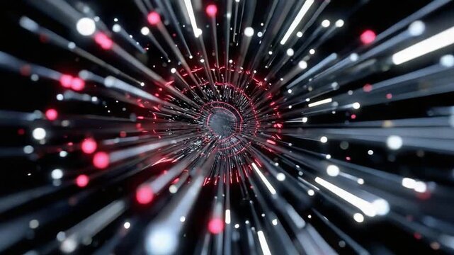 Cosmic Tunnel of Light: A dynamic, tunnel-like vortex of light, composed of an array of radiant lines and luminous spheres, beckons the viewer on a journey through the universe.