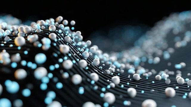 Abstract Molecular Symphony: A mesmerizing display of molecules dances in a wave-like formation against a dark backdrop, creating an intricate and visually stimulating composition. 