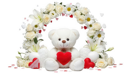 Valentine's day teddy bear with flowers isolated on transparent background