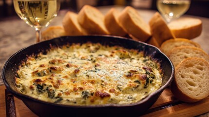 Cheesy Spinach Artichoke Dip in Skillet Surrounded by Slices of Bread and Glasses of White Wine