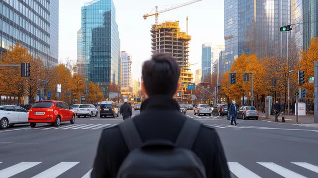 Urban city street man backpack crosswalk traffic autumn commute travel, young man with backpack crossing busy urban city street crosswalk autumn