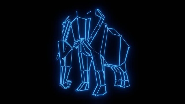 Low poly elephant thin line style icon. Neon glowing.