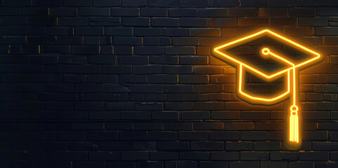 Glowing Neon Graduation Cap Sign on Dark Brick Wall Background