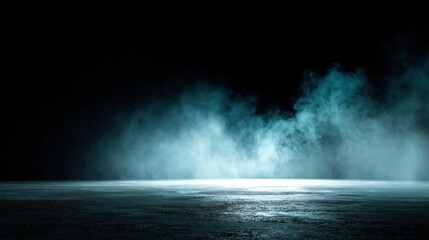 A dark scene with a misty blue fog hovering over a reflective surface, creating a mysterious and atmospheric ambiance.