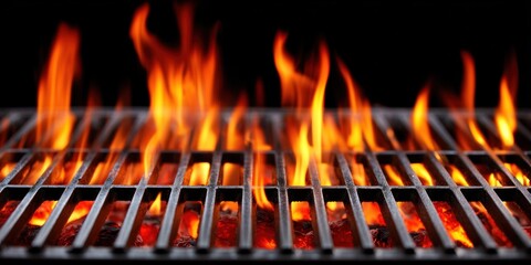 A close-up of a grill with vibrant flames licking the grates, creating an enticing atmosphere for cooking.