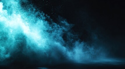 A dramatic, swirling wave of turquoise and blue hues against a dark background, creating an ethereal and powerful oceanic scene.