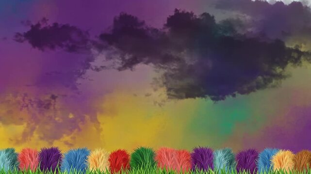 Colorful sky with abstract clouds and vibrant grass