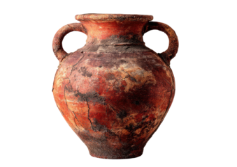 Weathered terracotta amphora with two handles and aged, mottled appearance