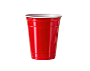 Plastic red drinking cup with white rim, against a dark background