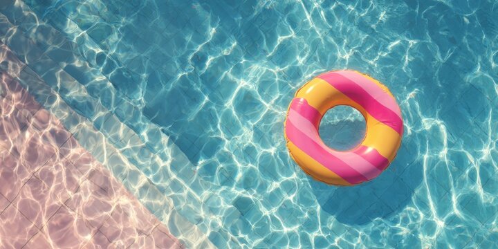 A vibrant pool scene featuring a colorful inflatable ring floating on clear blue water, reflecting sunlight and creating a relaxing atmosphere.