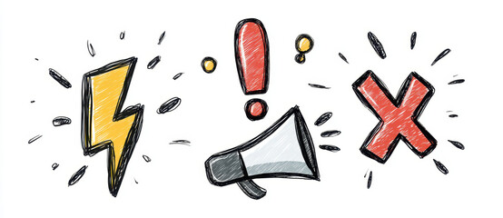 Hand drawn icons depicting lightning bolt, exclamation mark, and megaphone with cross symbol, conveying urgency and caution in playful style