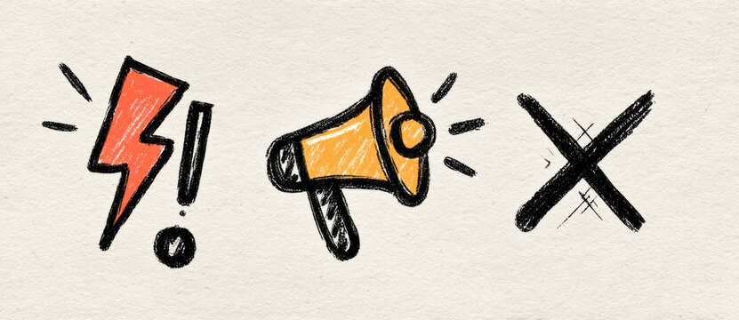 Hand drawn icons featuring lightning bolt, megaphone, and cross mark, ideal for web design and communication themes. These expressive symbols convey energy, announcement, and negation