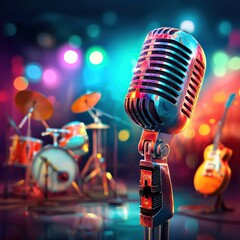 A vintage microphone stands in focus, with colorful lights and musical instruments blurred in the background, creating a vibrant concert atmosphere.