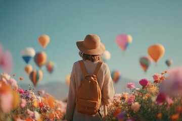 A woman stands in a vibrant flower field, gazing at colorful hot air balloons soaring in the clear blue sky.