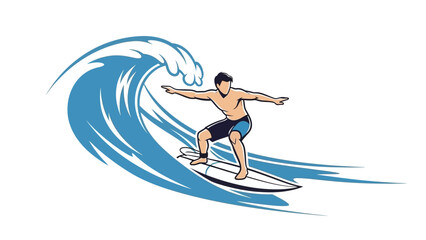 Dynamic vector illustration of a male surfer skillfully riding a powerful blue ocean wave, capturing the thrilling essence of water sports and summer adventure