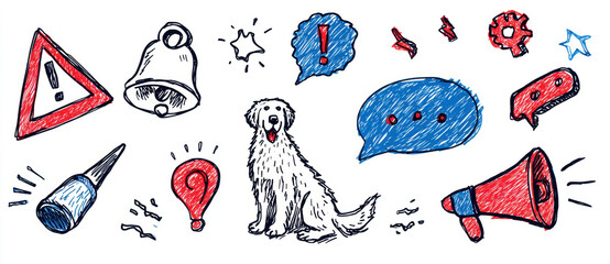 Hand drawn icons set for web design featuring warning signs, bell, dog, speech bubbles, and various symbols. This collection is perfect for enhancing visual communication