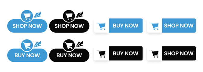 Modern E-commerce Button Set: Blue and Black Shop Now & Buy Now Vector Icons