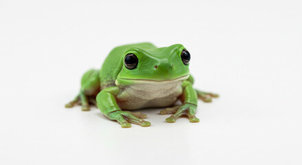 Small vivid green frog with shiny black eyes looking directly forward on a pure white studio backdrop. AI Generated