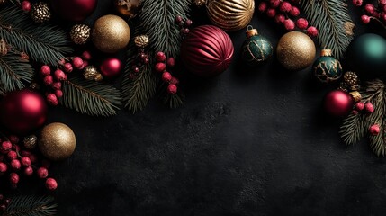 A festive arrangement of Christmas ornaments and pine branches on a dark surface, creating a seasonal and elegant holiday vibe.