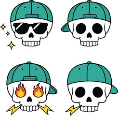 Cool Skull Characters Wearing Baseball Caps Vector Illustration SetCool Skull Characters Wearing Baseball Caps Vector Illustration Set